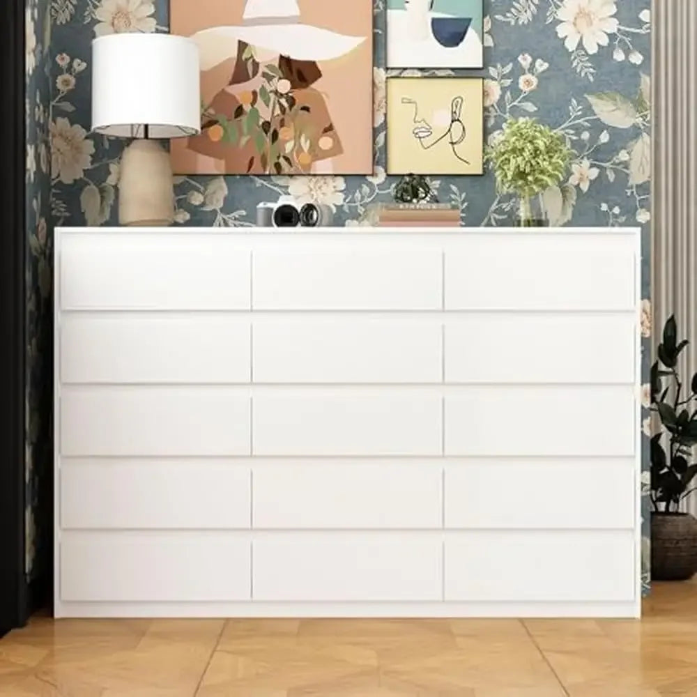 15 Drawer Modern White Dresser 70.9" Chest of Drawers Hidden Handle Design Ample Storage Space Sturdy MDF Construction Smooth