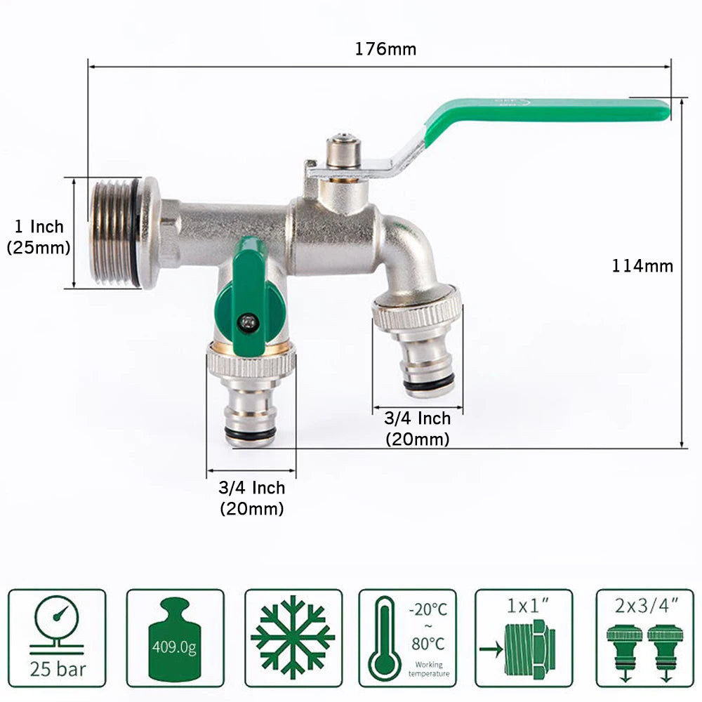 Double Tap 20/25mm input 3/4 Inch Outlet w/ Thicken Outlet Valve Detachable for Garden Drinking Water Farm with Green Handle