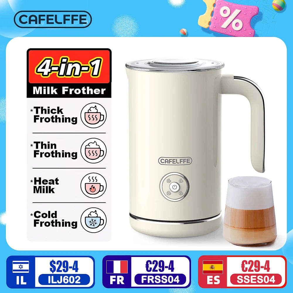 Cafelffe Electric Milk Frother Frothing Foamer Chocolate Mixer Cold/Hot Latte Cappuccino Fully Automatic Milk Warmer Cool 4-in-1