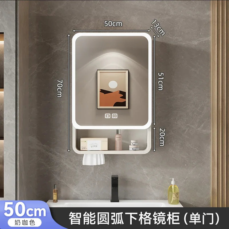 Aluminum Alloy Arc Smart Bathroom Mirror Cabinet Wall Mounted Storage Locker LED Light Bathroom Furniture Muebles Para Baño FYBC