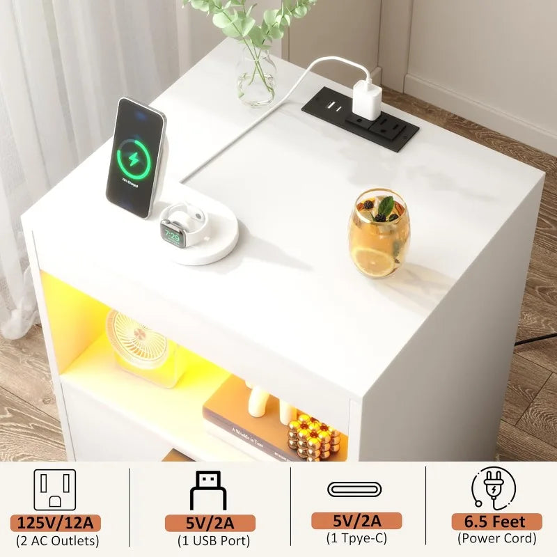 Night Stand, Bedside Table, LED Nightstand with Charging Station, Modern Night Stand, Wood Sofa Couch End Side Table