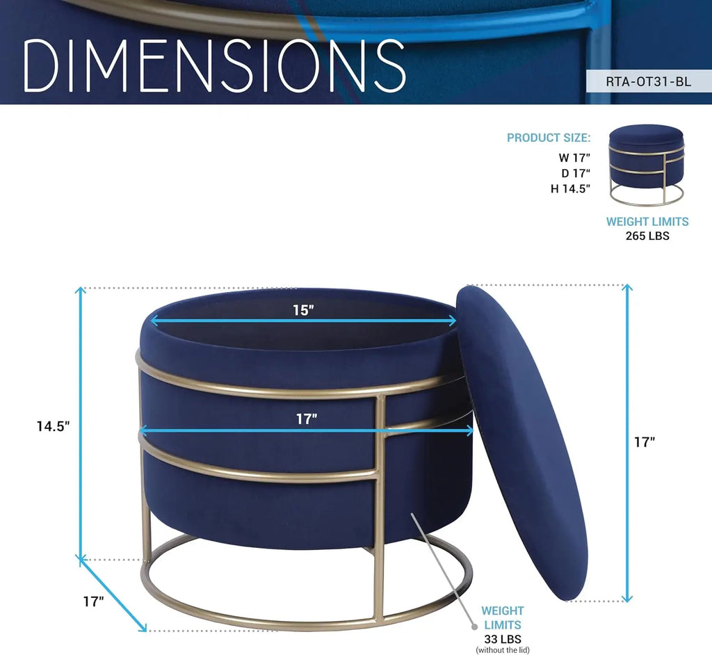 Elegant Velvet Round Ottoman With Gold Frame And Storage (Blue)