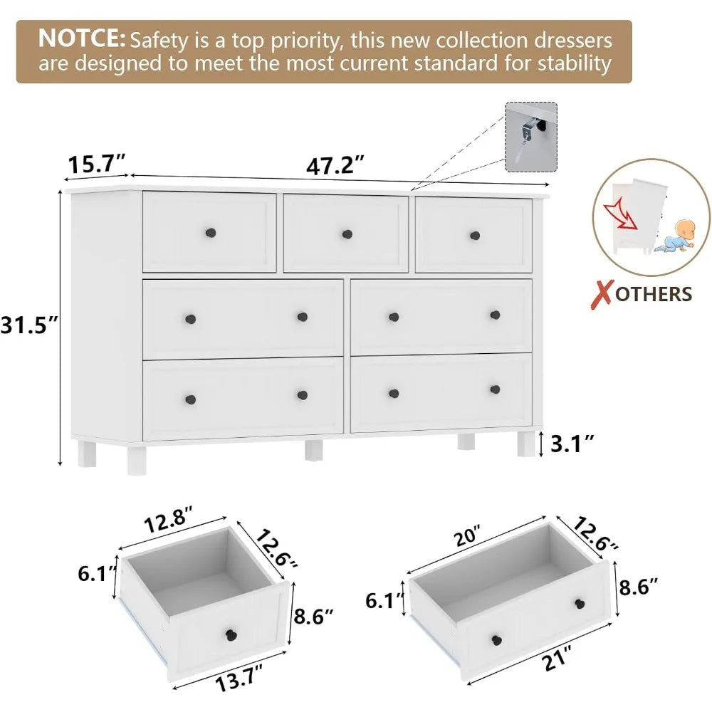 Farmhouse 7 Drawers Dresser for Bedroom, White Dresser Chest of Drawers, Wood Storage Dressers with Deep Drawers and Metal Handl