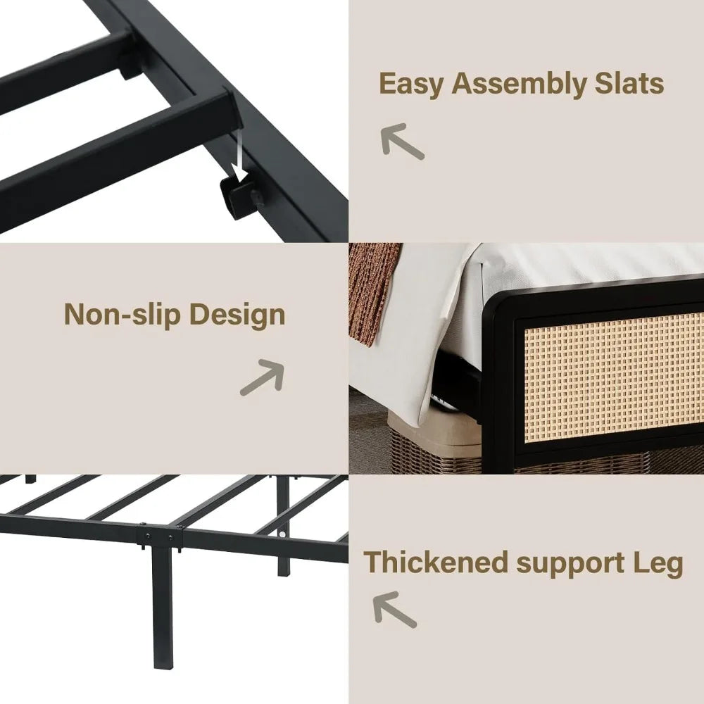 Rattan Queen Bed Frame with Headboard, Metal Platform Bed Frame Queen Size, Strong Steel Slats Support, No Box Spring Needed