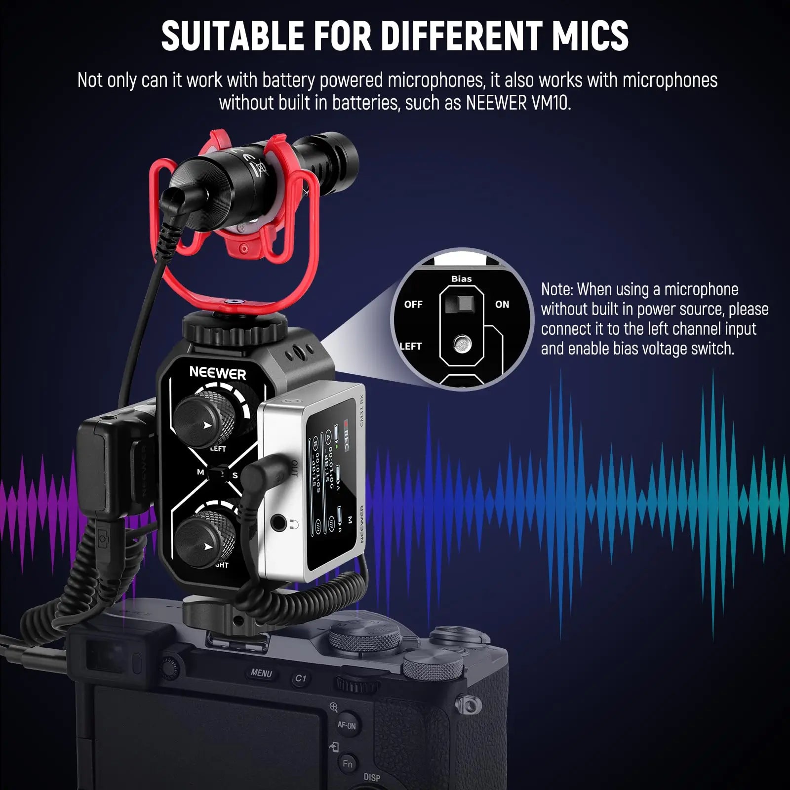 NEEWER MM02 Dual Channel Microphone Audio Mixer Adapter with 3.5mm TRS Cable Stereo/Mono Switch Cold Shoe Mounts for DSLR Phone