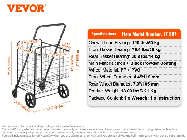 VEVOR Folding Shopping Cart with Removable Waterproof Liner 106/330LBS Large Capacity 360° Swivel Wheels Dense Metal Mesh Base