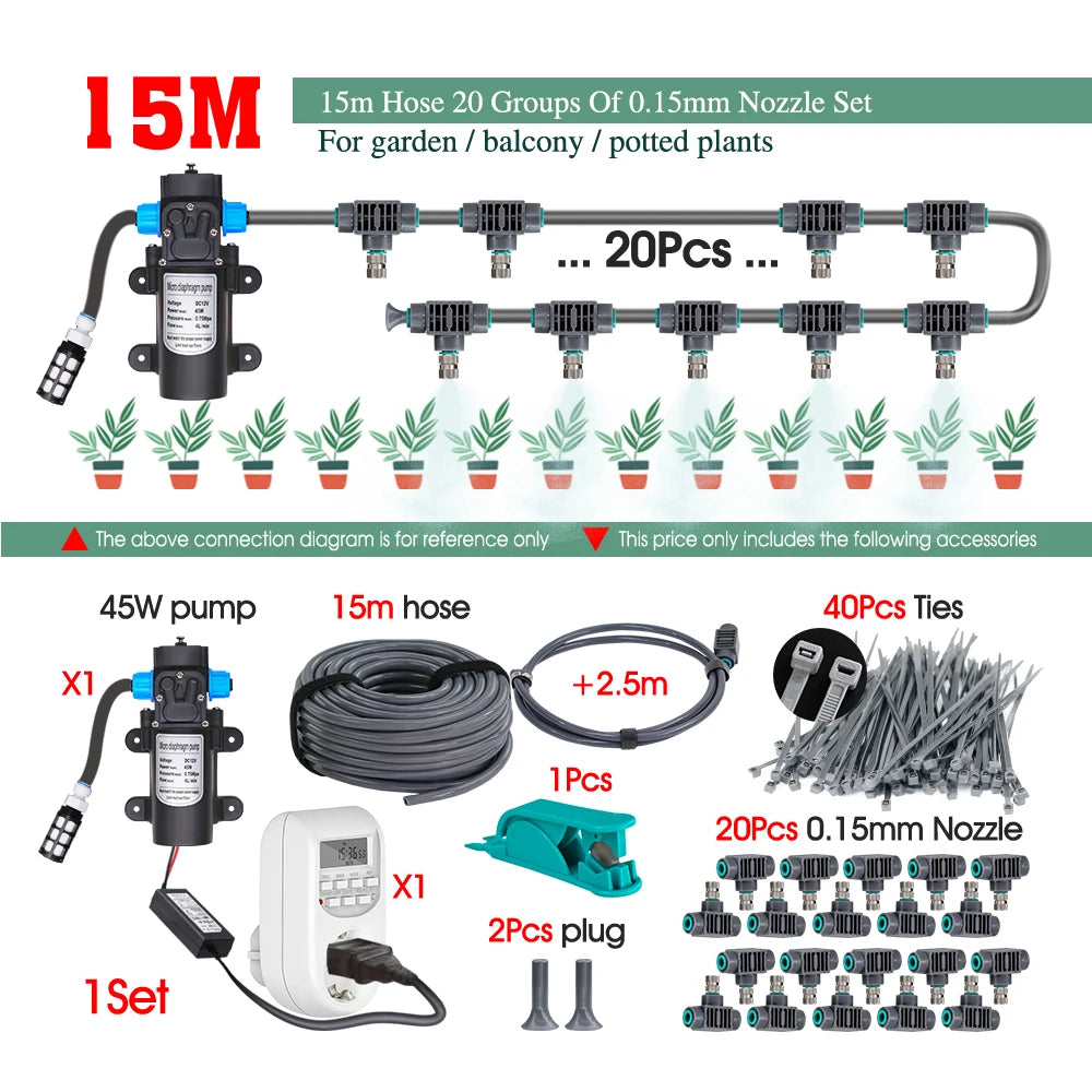 110-240V 45W Self-priming Pump Garden Greenhouse Plants Micro-Irrigation Kit Rapid Insertion 0.15MM Spray Nozzle Watering System