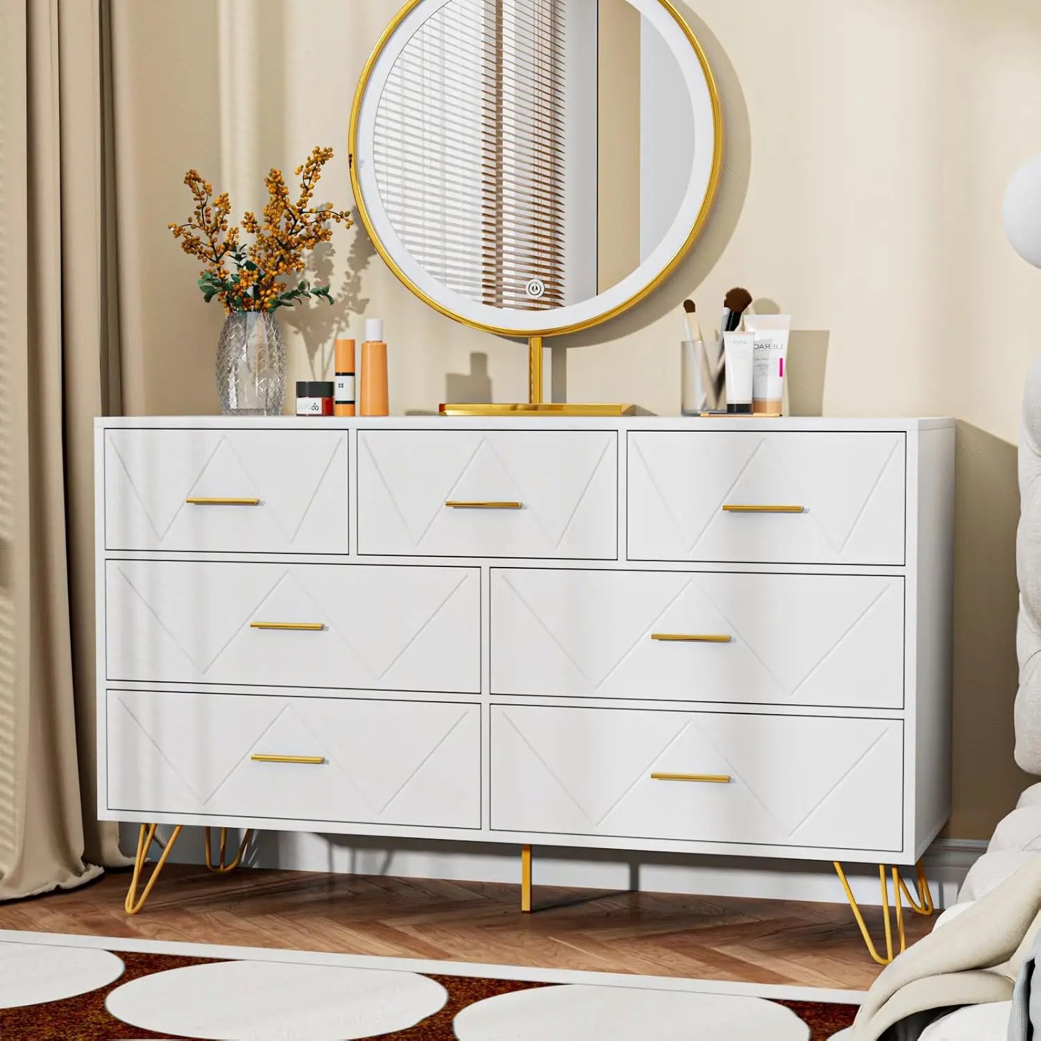 Dresser for Bedroom, 7 Drawer Black Wooden Dresser with Gold Handles, Modern Storage Dressers & Chests of Drawers for Hallway,