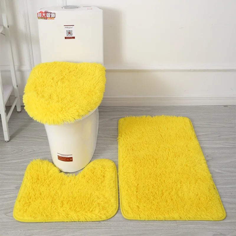 Inyahome 3pcs/set Plush Bathroom Bath Mats Set Anti Slip Toilet Rug and Toilet Lid Cover Soft Fluff Shower Carpet Floor Bath Mat