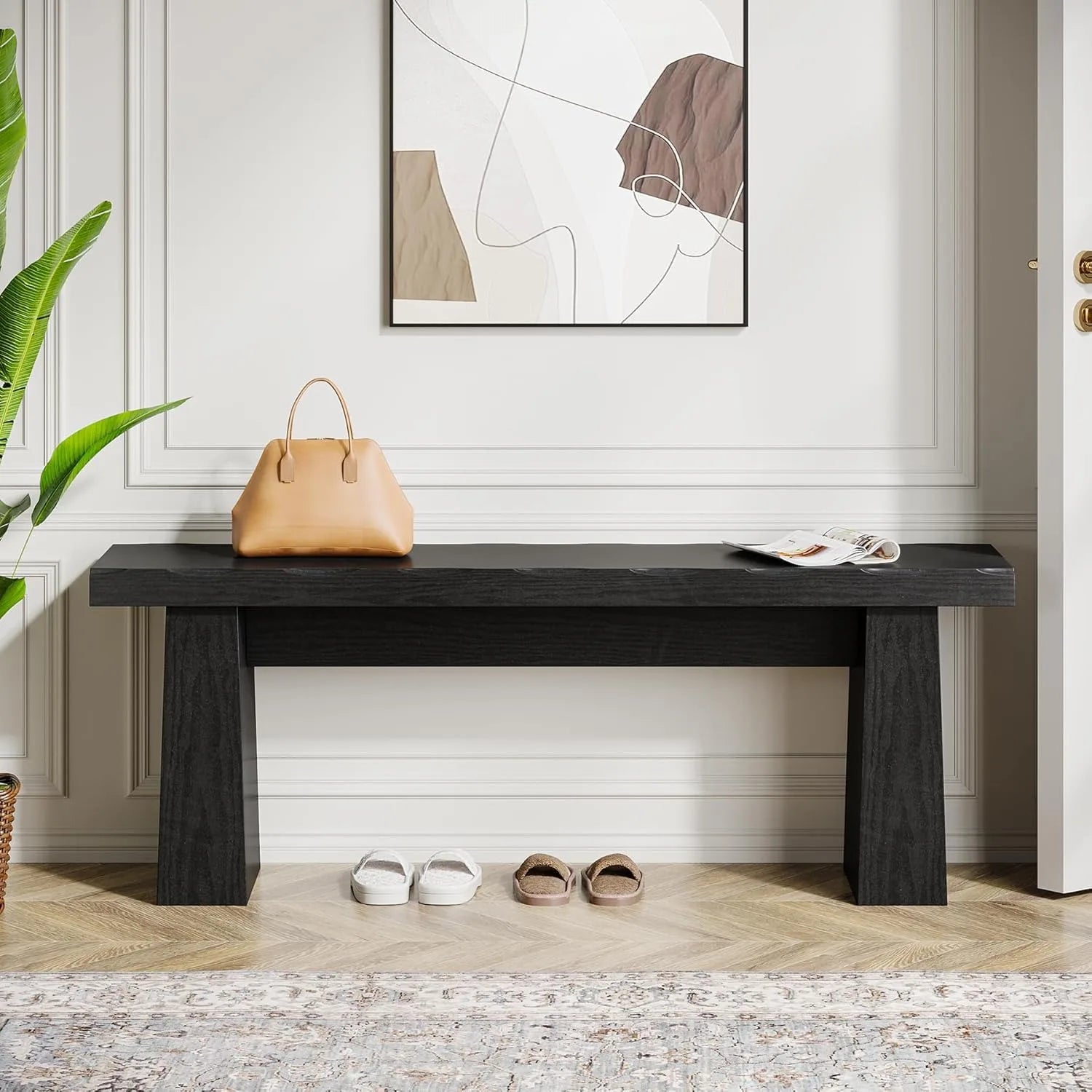 Wooden Entryway Bench, 47-Inch Wood Dining Table Bench with Sturdy Frame for Dining Room, Bedroom Hallway, Easy Assembly, Black