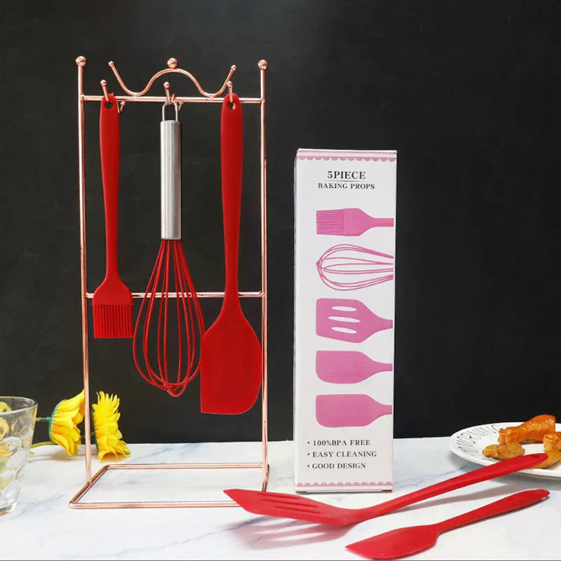 5PCS Silicone Kitchen Cooking Utensils Set Non-Stick Flexible Kitchen Tools With Cake Spatula Whisk Oil Brush And Cooking Shovel