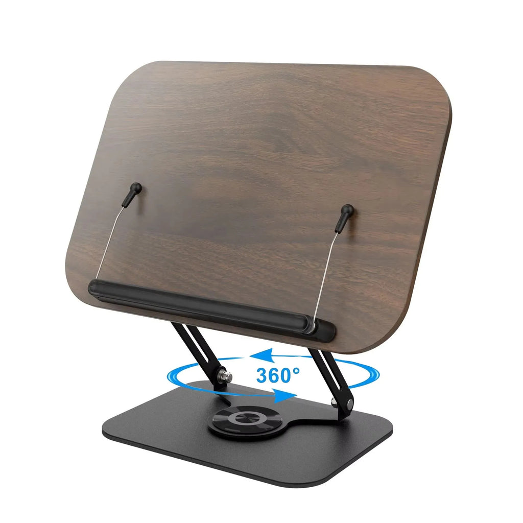 Book Stand for Reading, Adjustable Book Holder with 360° Rotating Base & Elastic Page Clips, Foldable Cookbook Stand for Office