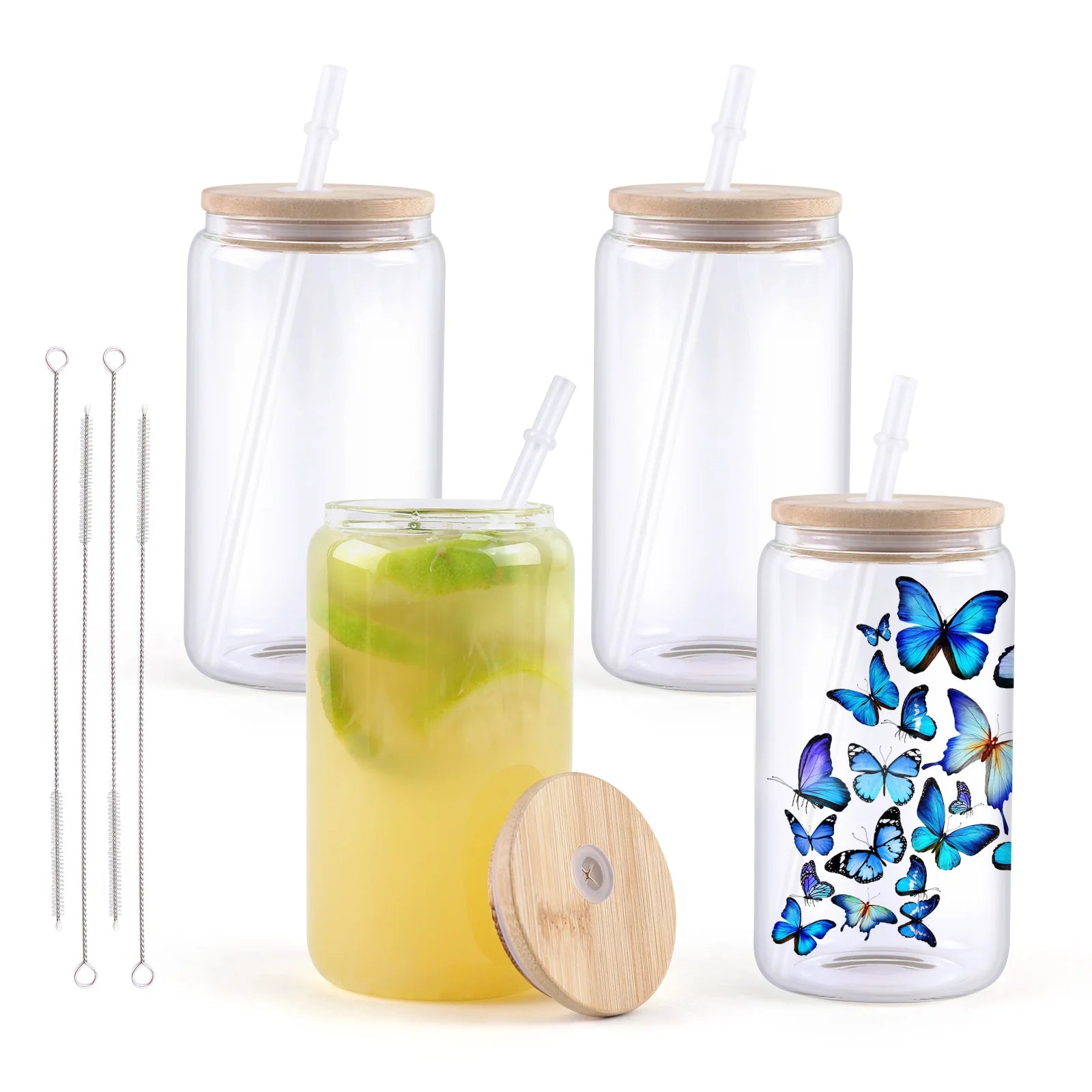 HTVRONT 4/8 Pack 16OZ Clear/Frosted Glass Sublimation Tumblers with Bamboo Lid Sublimate Tumbler Blanks DIY for Iced Coffee Cups