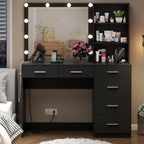 Vanity Desk with Lighted Mirror & Power Outlet, Makeup Vanity Table with 6 Drawers, 3-Tier Shelf, Vanity Dresser with