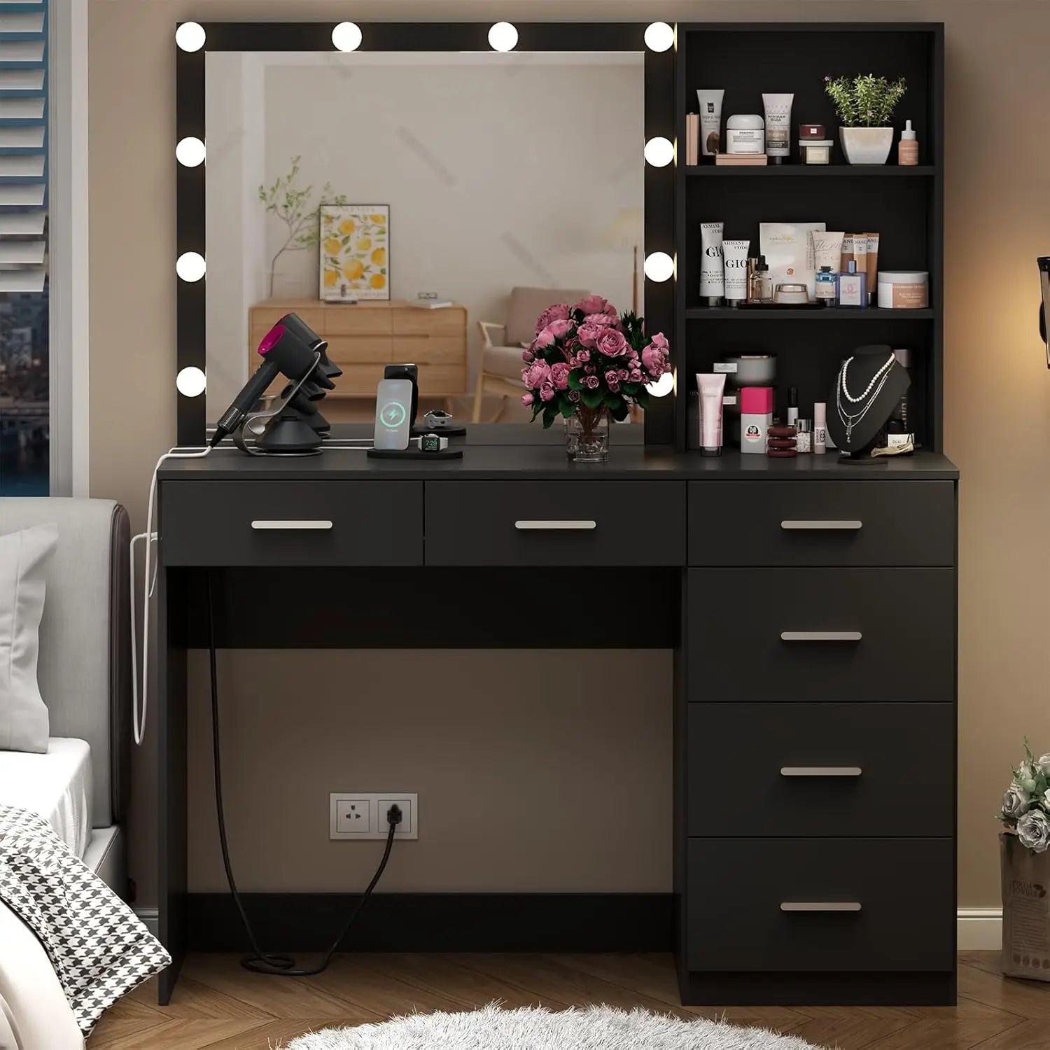Vanity Desk with Lighted Mirror & Power Outlet, Makeup Vanity Table with 6 Drawers, 3-Tier Shelf, Vanity Dresser with