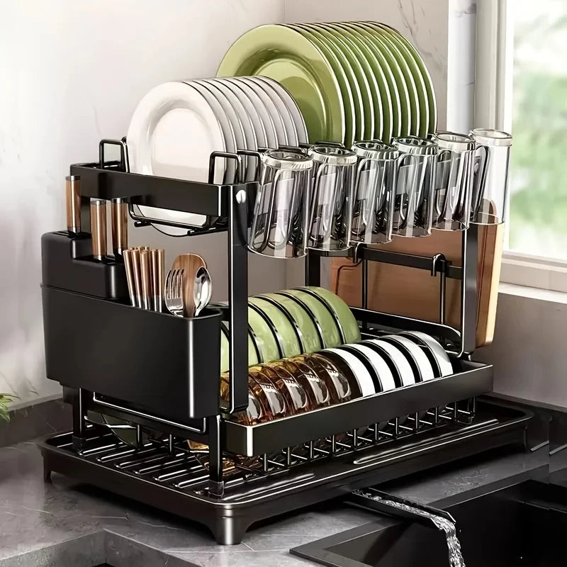 2-Tier Kitchen Shelf Dish Rack – Metal Dish Drainer with Drip Tray, Multifunctional Bowl &Chopsticks Storage Rack for Countertop