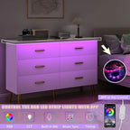 White Dresser for Bedroom with 6 Drawers, Dresser, Wood Dressers Chest of Drawers with Gold Handles, Modern LED Bedroom Dresser