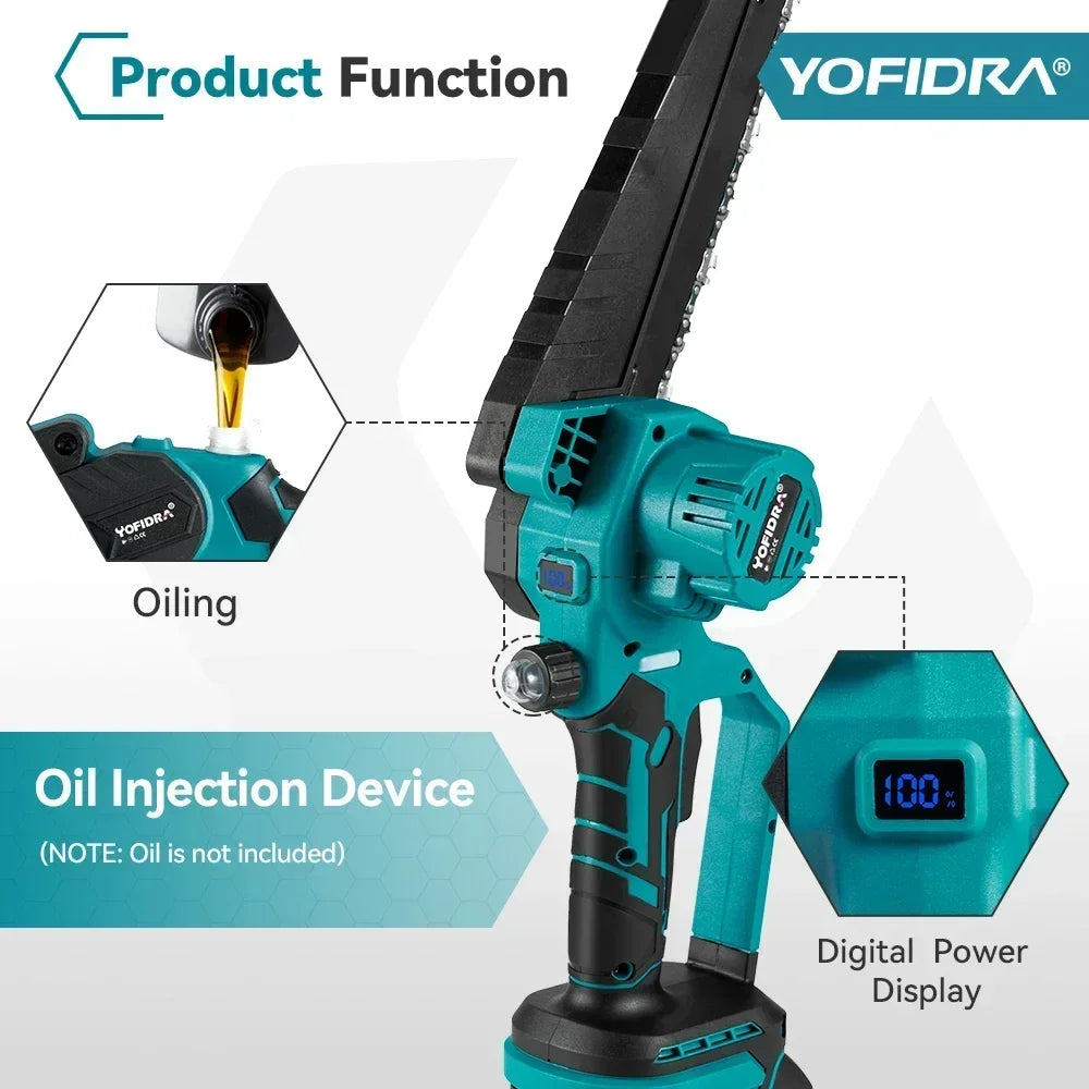 YOFIDRA Brushless 8 Inch Electric Chainsaw Cordless Rechargeable Woodworking Garden Pruning Saw Tool For Makita 18V Battery Pin