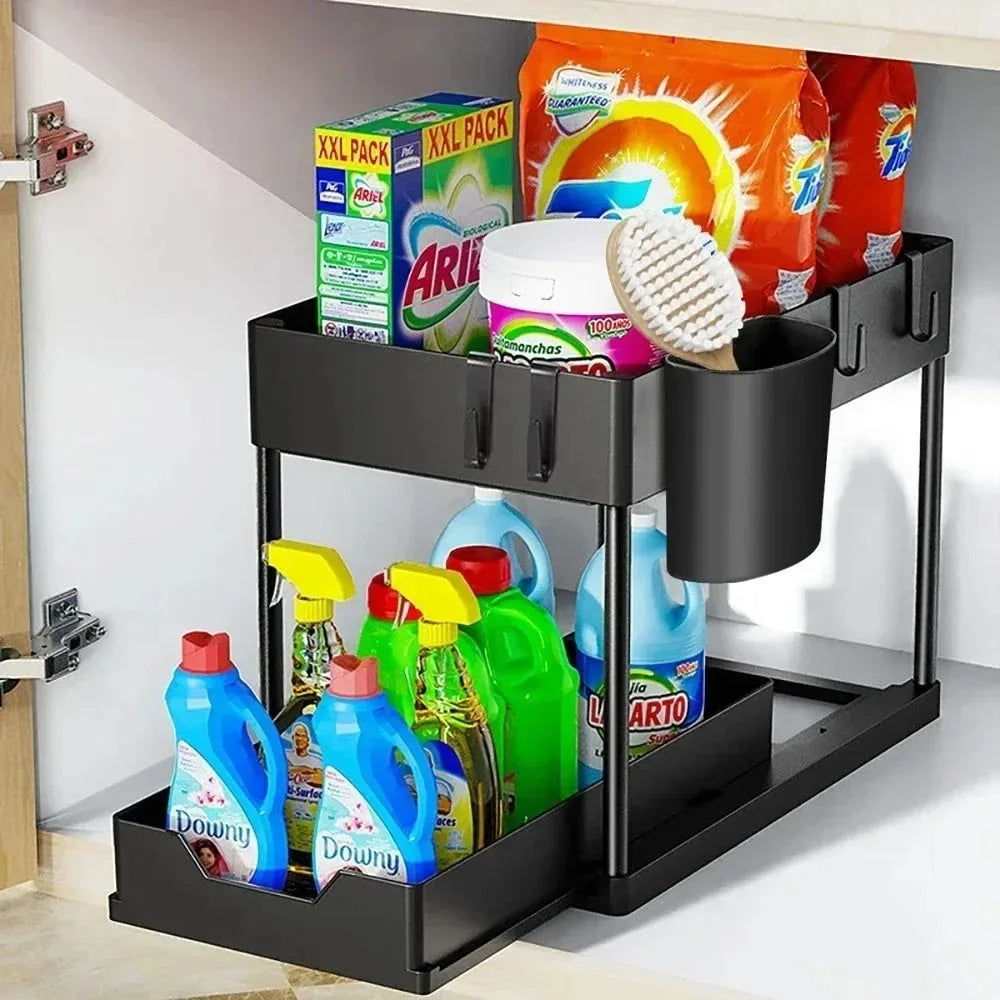 2-Tier Pull Out Under Sink Organizer, Storage Rack with Hooks & Cups, Space Saving Slide-Out Shelf for Kitchen Bathroom Cabinet