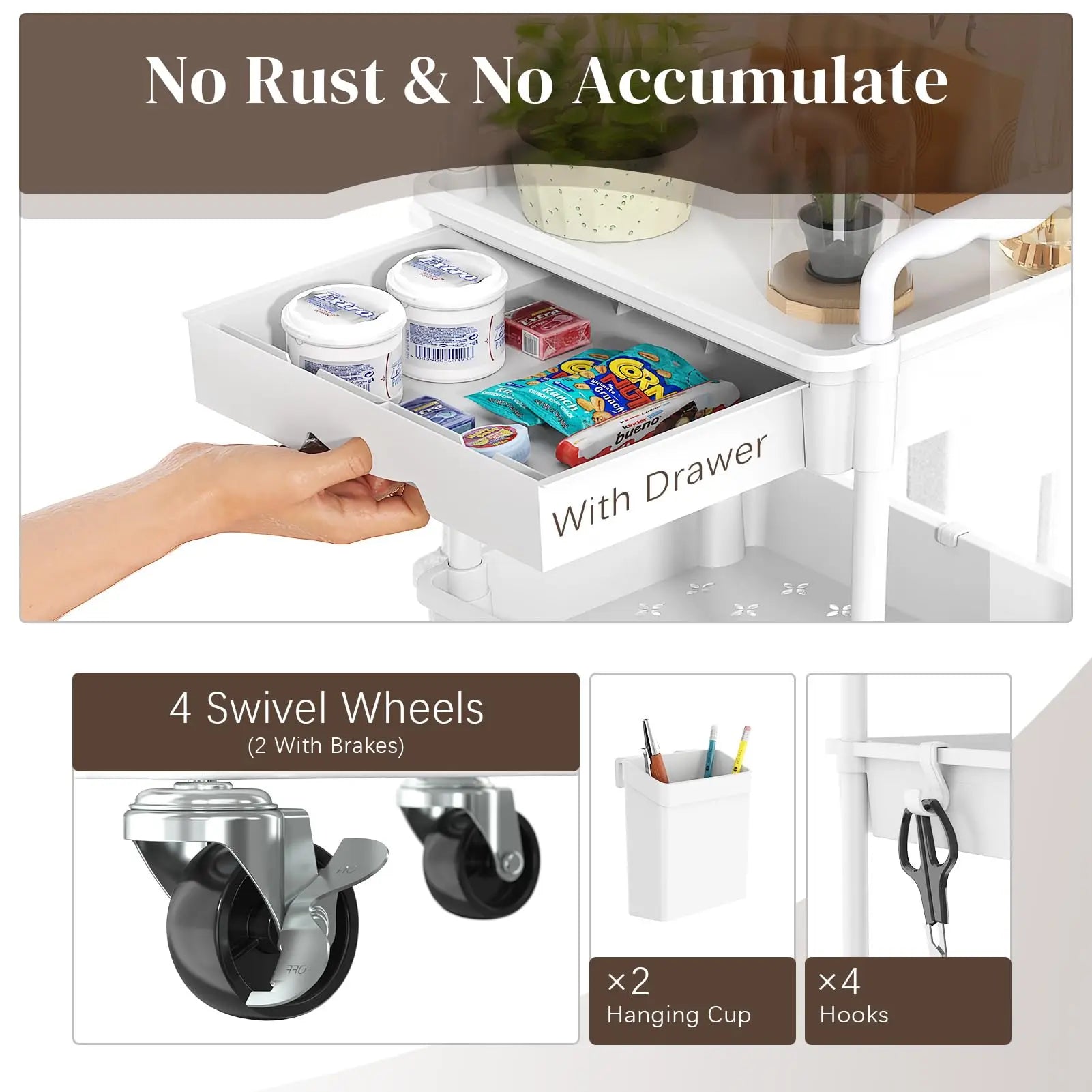 4 Tier Rolling Utility Cart with Drawer,With Drawer & Extended Poles,With Plastic Shelf & Lockable Wheels,Smooth Mobility