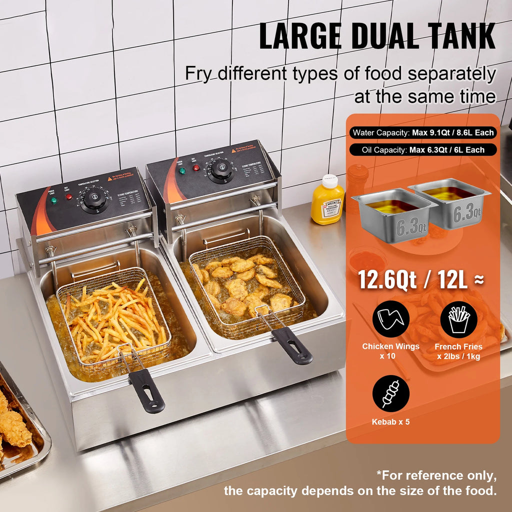SucceBuy 12L 3000W Commercial Electric Deep Fryer w/Dual Tanks  Stainless Steel Countertop Fryer for Fried Chicken French Fries