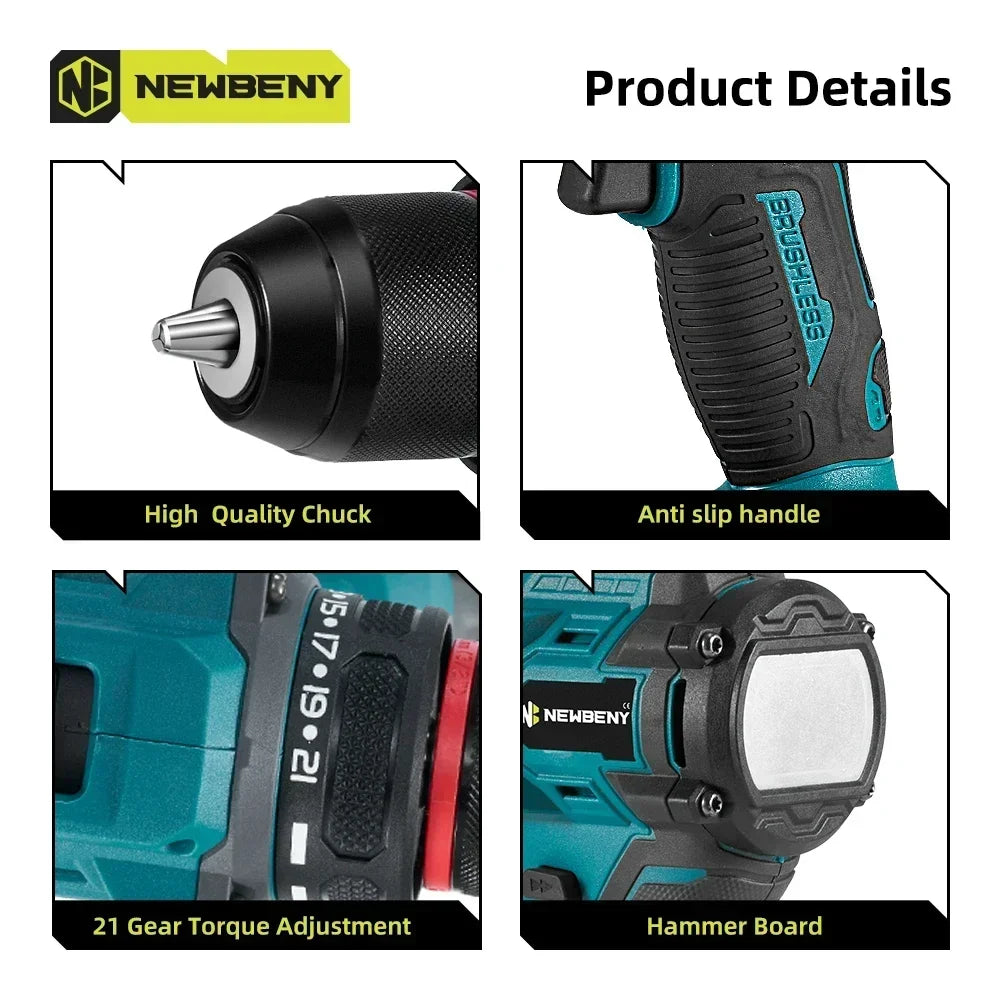 NEWBENY 10mm Brushless Electric Drill 21+2 Torque Multifunctional Cordless Electric Screwdriver For Makita 18V Battery Pin