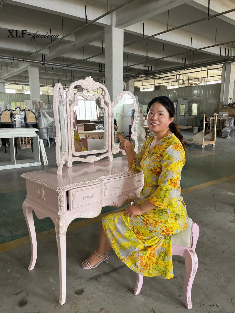 Retro old pink dresser Nordic European solid wood carving flower dressing table makeup stool glass combination