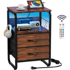 Bed Side Table with 3 Fabric Drawers,  LED Nightstand with Hooks, Bedside Table with Charging Station, End Table with Storage