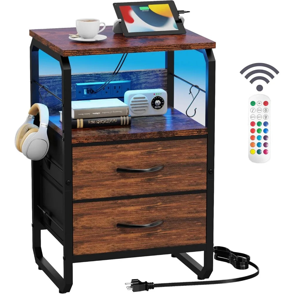 Bed Side Table with 3 Fabric Drawers,  LED Nightstand with Hooks, Bedside Table with Charging Station, End Table with Storage
