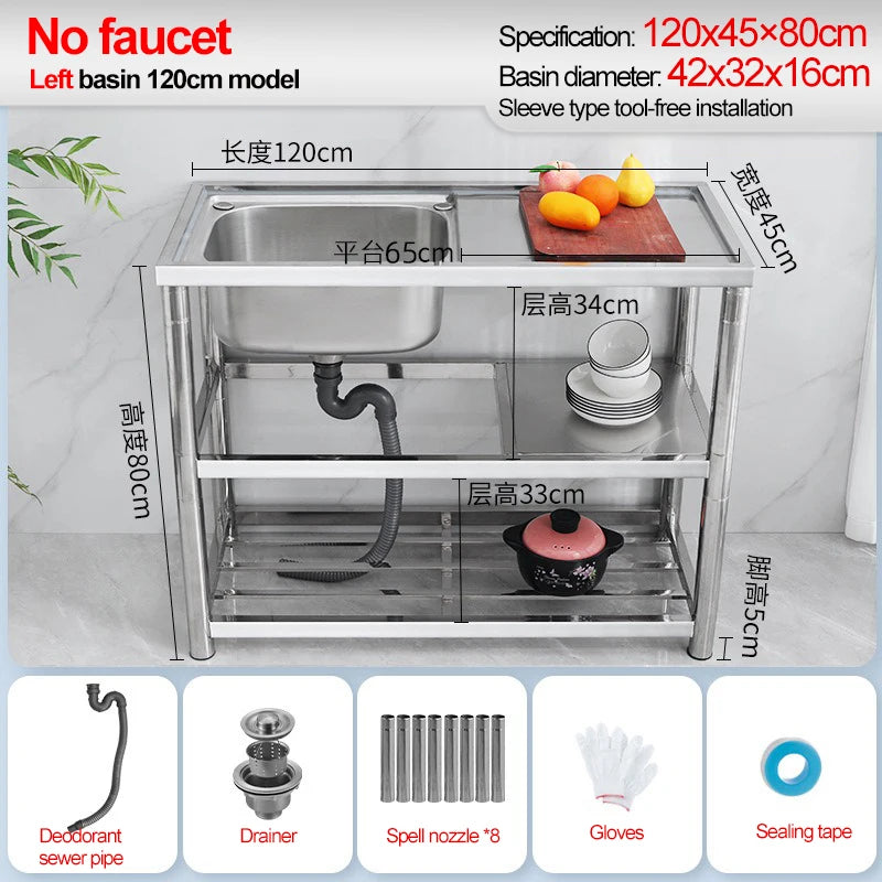 Stainless Steel Sink Kitchen Household Thickened Single Trough with Bracket Wash Basin Sink with Platform Easy Landing