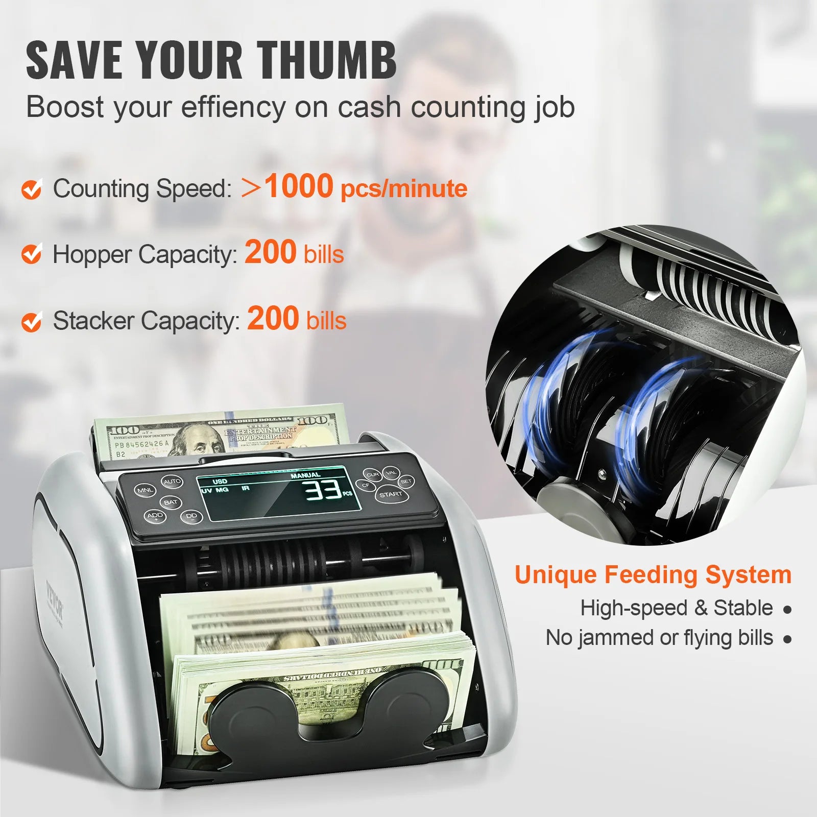 SucceBuy 1000 Pcs/Min Money Counter Business Cash Register Bill Counterfeit Bill Detector by UV/MG/IR/DD Function for Bank Store