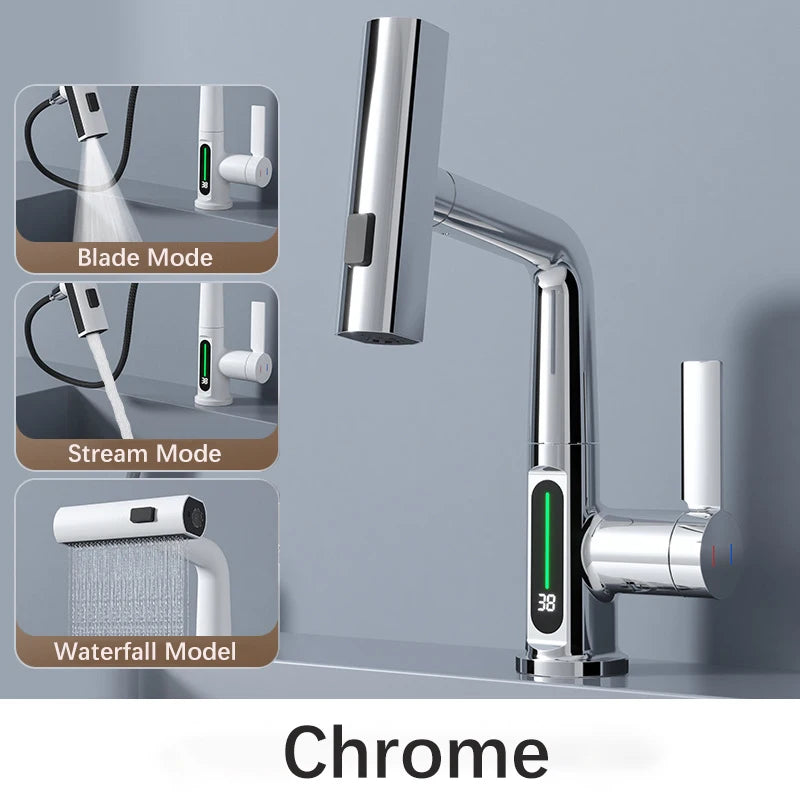 Gun Grey Intelligent Digital Display Waterfall Pull Out Kitchen Faucet Cold Hot Mixer Taps Rotatable Sink Lifting Basin Faucet