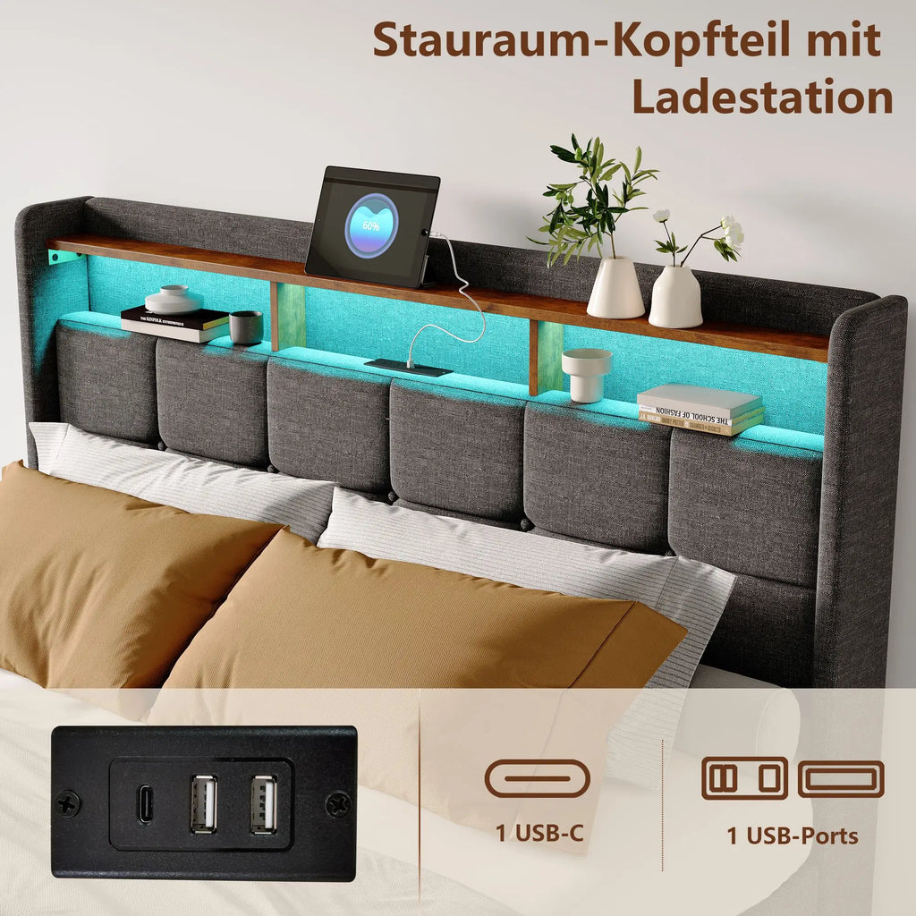 Creahappy Twin Bed Frame - Upholstered bed in grey - With USB charging port - With LED lighting - Storage drawers on both sides
