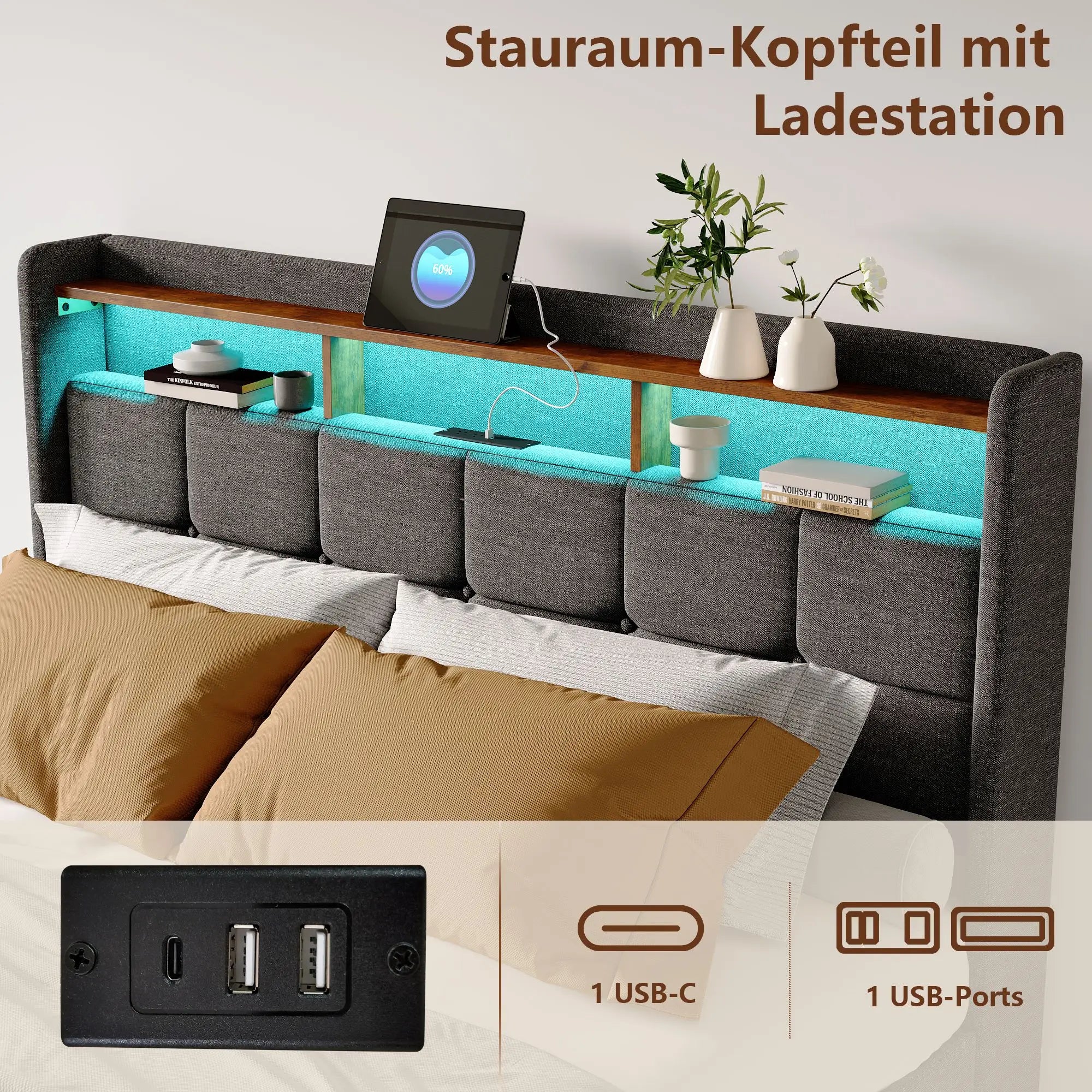 Creahappy Twin Bed Frame - Upholstered bed in grey - With USB charging port - With LED lighting - Storage drawers on both sides
