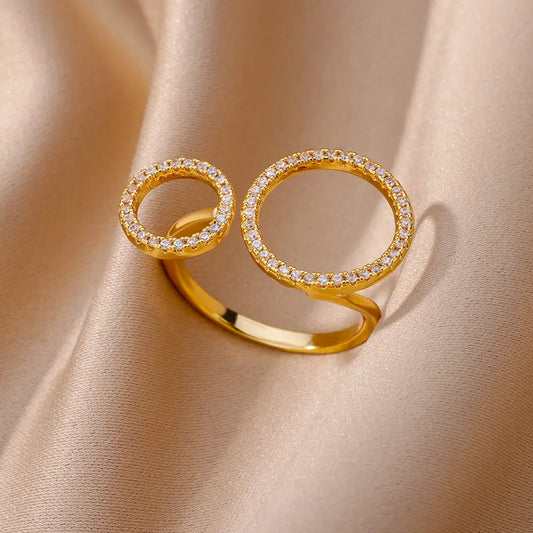 Zircon Double Circle Ring - Adjustable Stainless Steel Geometric Wedding Party Jewelry for Women | AlluCanFind