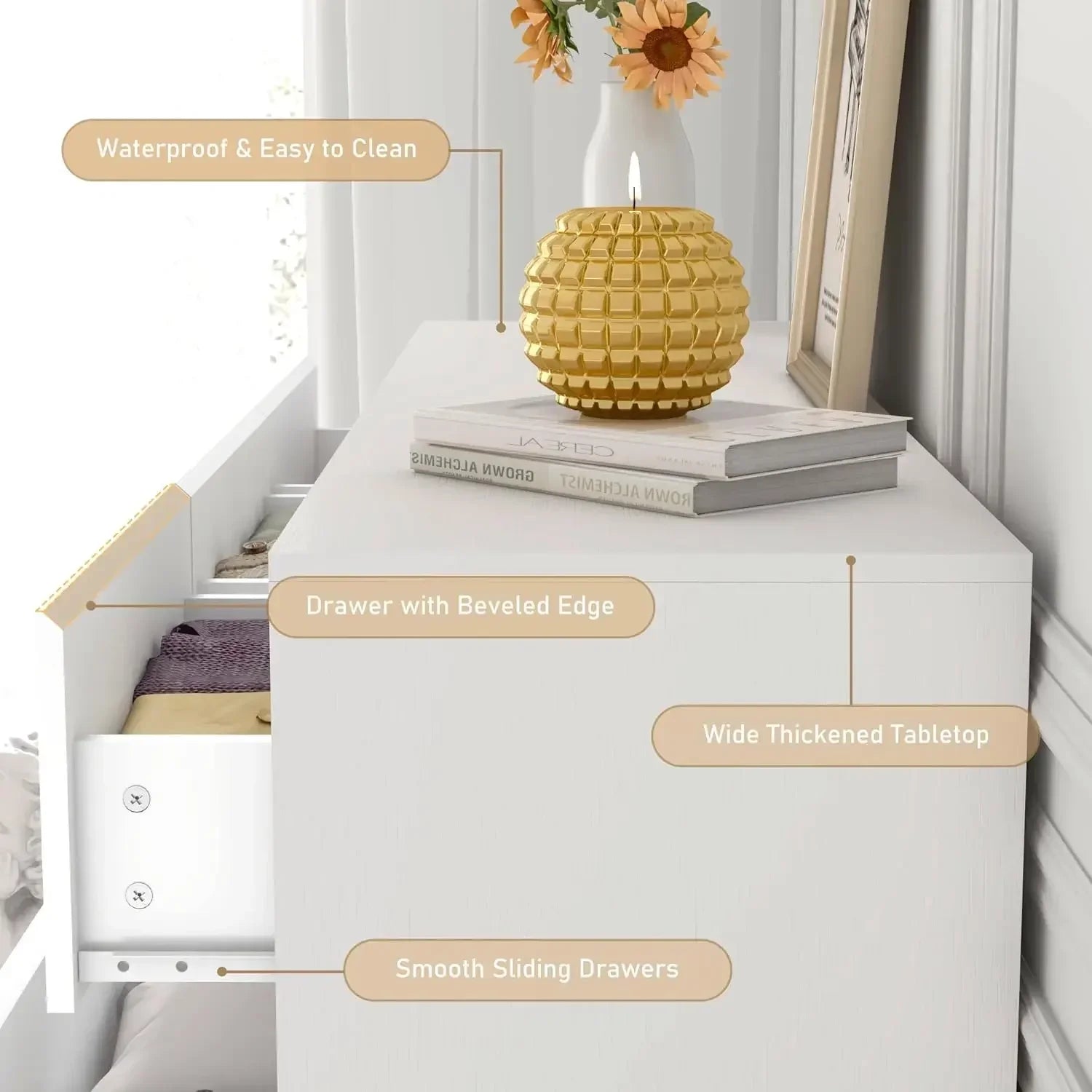 White Malm Dresser for Bedroom, 55 Inch Long Dresser High Gloss Dresser with 7 Drawers, Modern Large Wood Chest , White