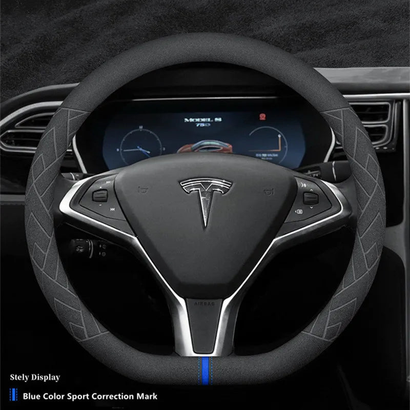Steering Wheel Cover For Tesla Model 3 Y S X Alcantara 4 Seasons 36-39 CM Diameter Black Car Interior Accessories 2019-2025