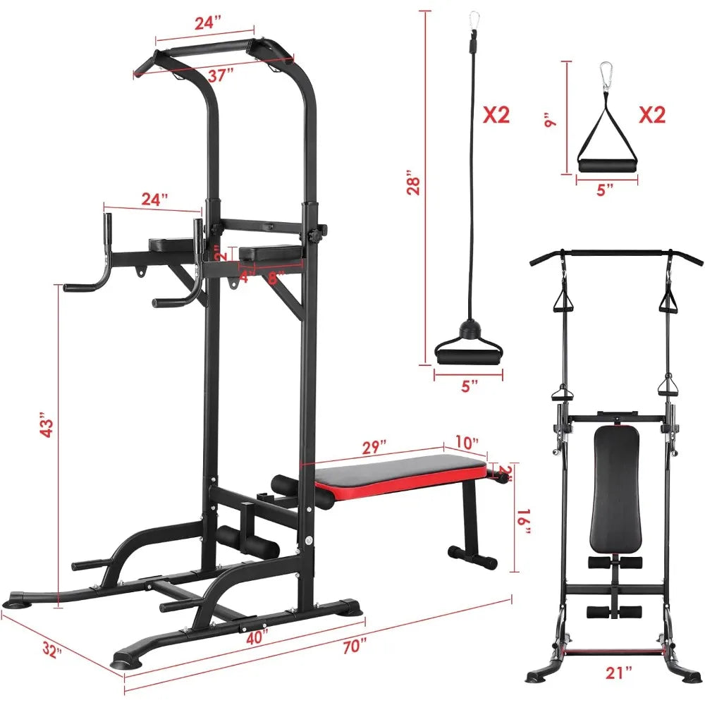 Power Tower with Bench, Pull Up Bar Stand, Dip Bar w/Folding Bench 4 Ropes Strength Training, Multi-Function - HOME