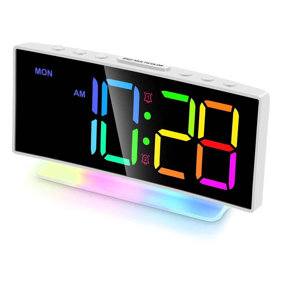 LED Alarm Clock with Colorful RGB Atmosphere Night Light and Output Power Interface to Charge Other Devices. Gift Idea for All