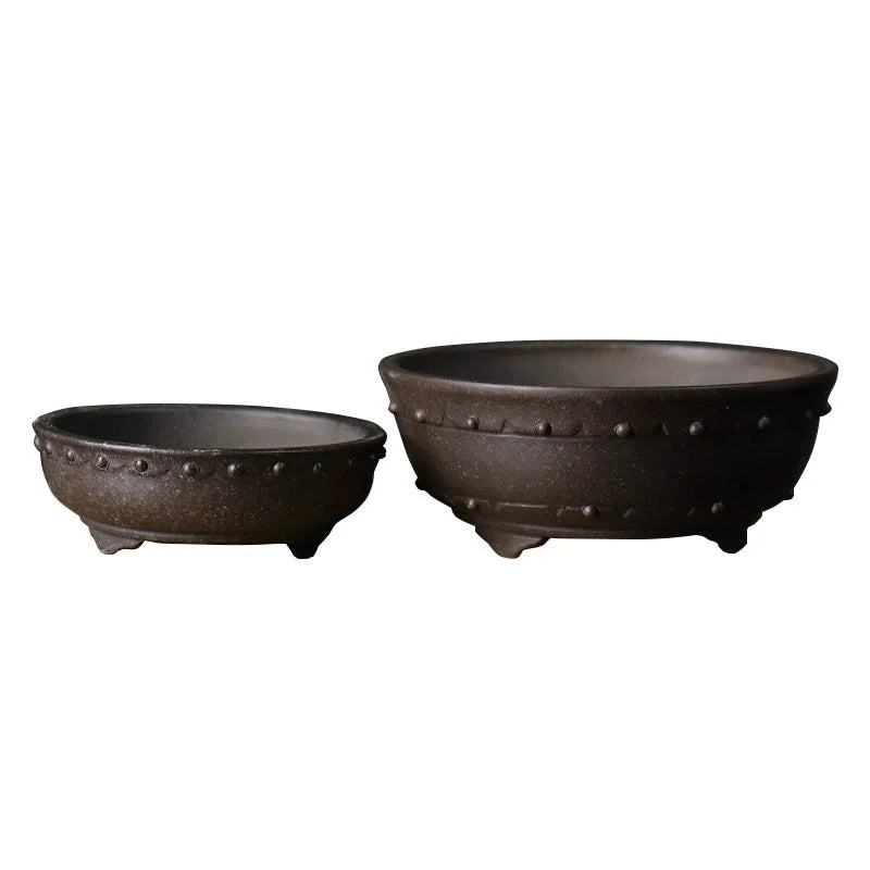 Ceramic Circle Drum-nail Pattern Bonsai Pot, Purple Sand,Traditional Chinese Dormitory Room Table, Garden Decoration, Home Table
