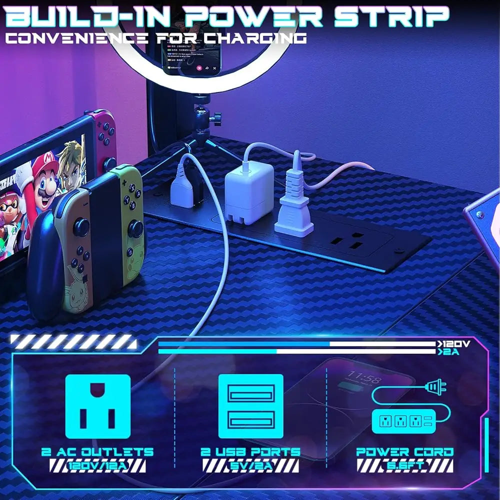 Small Gaming Desk With Power Outlets Pegboard Led Light, 51 H L Shaped Computer Desk With Monitor Stand Storage Shelves,