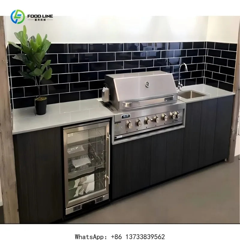 Customized Outdoor Kitchen Cabinet Gas Grill Stainless Steel BBQ With Mini Glass Fridge And LED Lighting