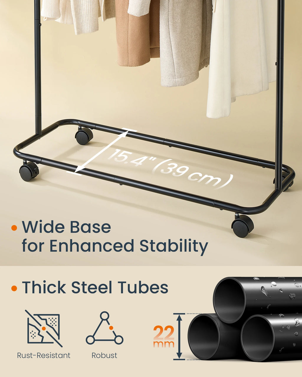 SONGMICS HOME Clothes Rack, Clothing Rack on Wheels, Portable Garment Rack, with 1 Clothes Hanging Rail, Matchstick-Shaped Hooks