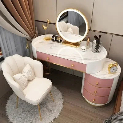 Pink White Vanity Table Women Luxury Nail European Big Stool Study Dressing Table Organizer Mesa De Maquillaje Home Furniture
