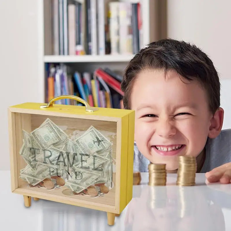Money Saving Jar Travel Fund Piggy Bank Wooden Suitcase Bank Counting Money Jar Funny Money Bank Desktop Decor Ticket ShadowBox