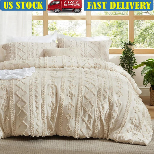 Tufted Boho Comforter Set Queen 3 Pieces Soft Breathable Embroidered Bedding Farmhouse Shabby Chic Cozy Noise-Free Easy Care