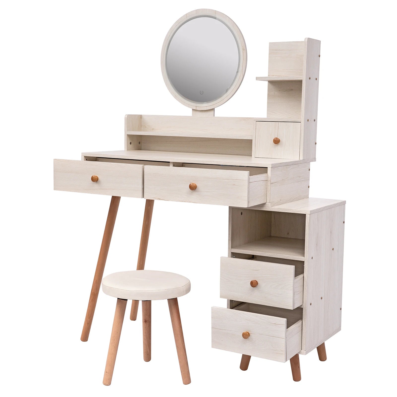 Vanity Table + Cushioned Stool Touch Control LED Mirror Large Capacity Storage Cabinet 5 Drawers L31.5"-43.2"x W15.8" x H48.1