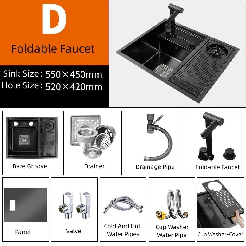 55CMX45CM Kitchen Sink Nano 304 Stainless Steel Vegetable Wash Basin Single Sink Wash Basin Sink Adjustable Folding Faucet