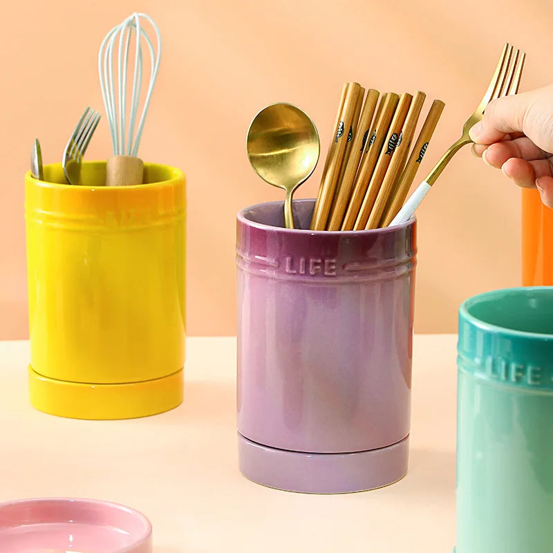 1 PCS Utensil Holder Canister Ceramic Kitchen Cutlery Organizer for Counter Porcelain Cooking Tableware Storage Drying Container