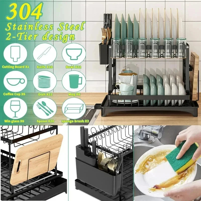 Metal 2-Tier Kitchen Organizer Countertop Dish Storage Rack Tableware Drainer with Removable Drip Tray